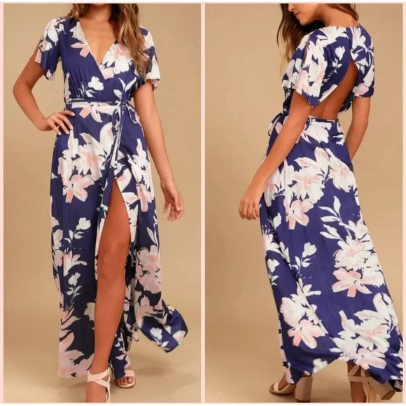 Lulus Womens Tropical Vacation Dress V-Neck Floral Wrap Flutter Sleeve Blue Sz S - Picture 1 of 14